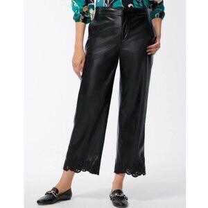 Chico's Women's Black Faux Leather Cutwork Hem Wide Leg Trouser Pants Size 18